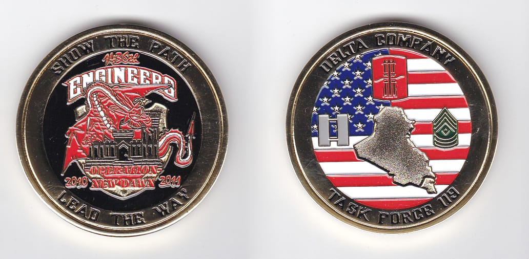 Round shaped, gold colored coin, 2 inches in diameter.