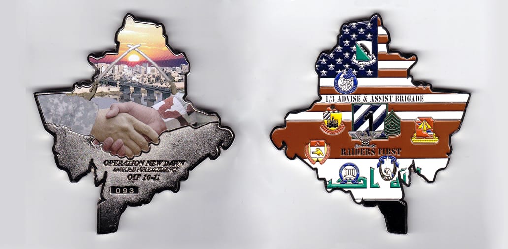 Irregular shaped, silver colored coin, 3-1/2 inches wide x 3-7/8 inches high.