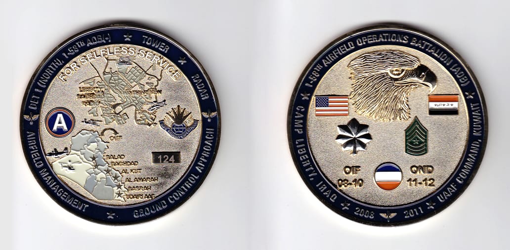 Round shaped, gold colored coin, 3 inches in diameter.