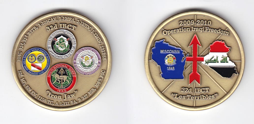 Round shaped, gold colored coin, 2 inches in diameter.