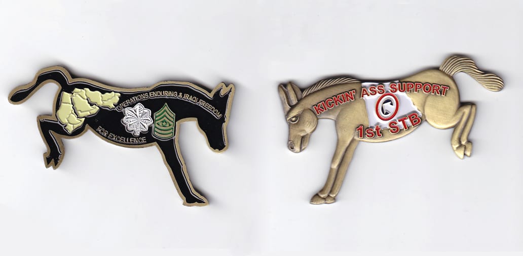 Kicking mule shaped, brass colored coin, 3 inches wide x 1-3/4 inches high.