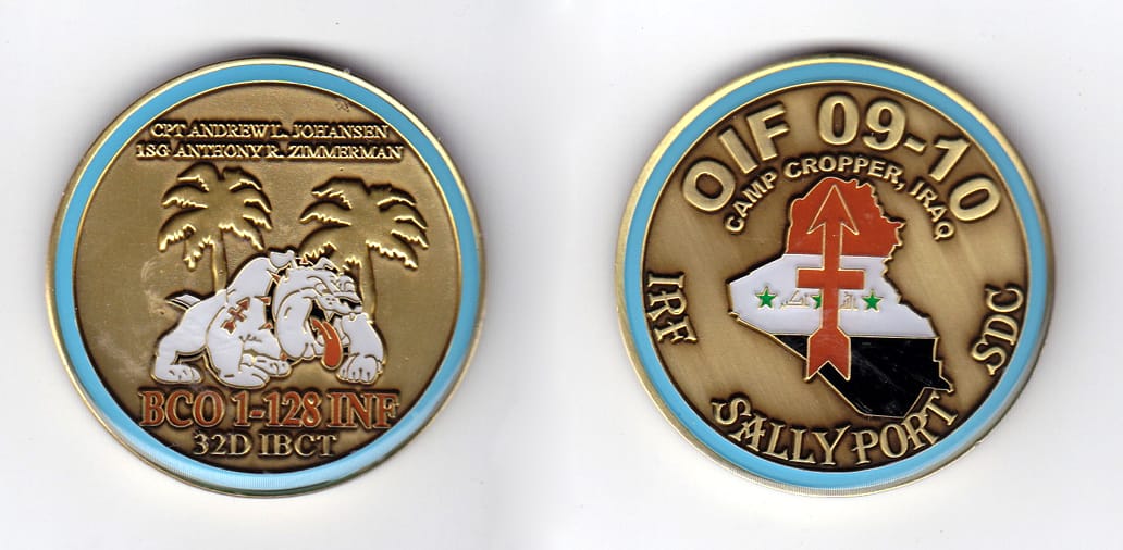 Round shaped, brass colored coin, 2 inches in diameter.