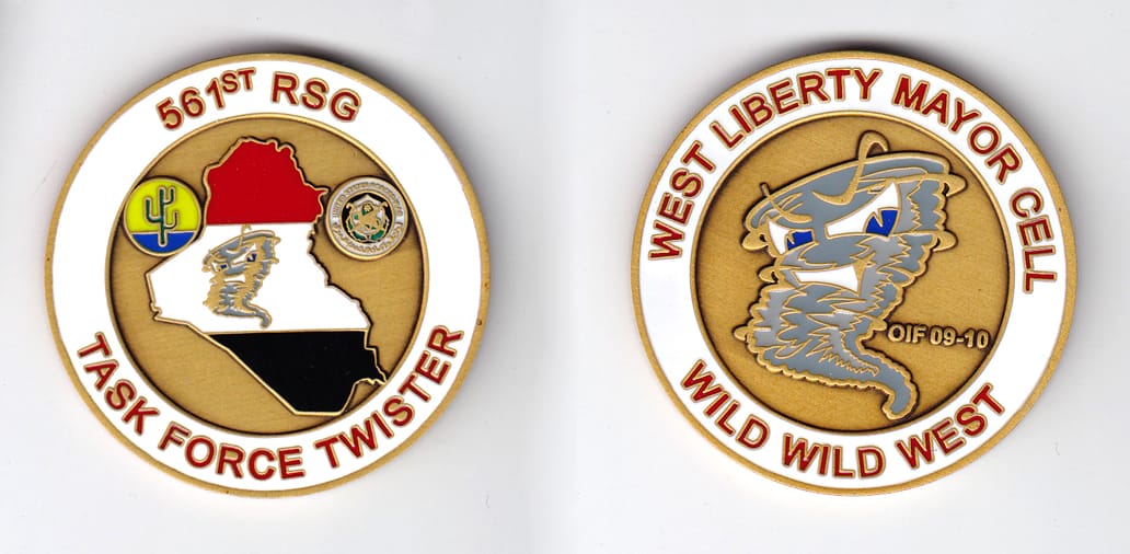 Round shaped, brass colored coin, 2 inches in diameter.