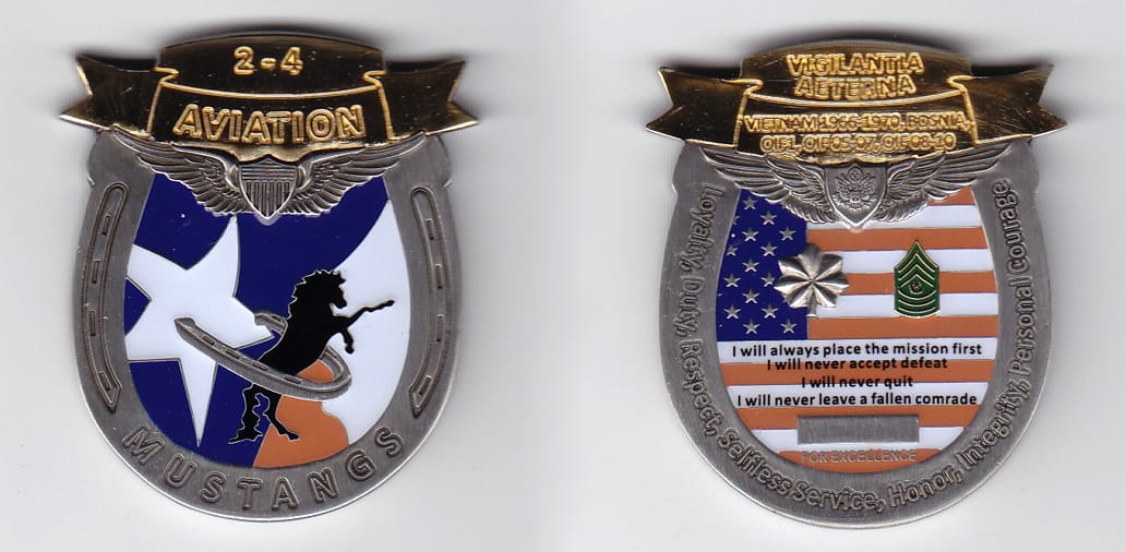 Horse shoe shaped, with banner mounted above, silver colored coin 1-1/2 inches wide x 2 inches high.