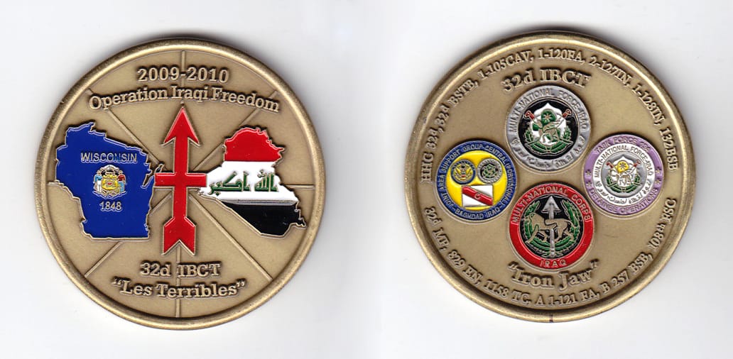 Round shaped, brass colored coin, 2 inches in diameter.