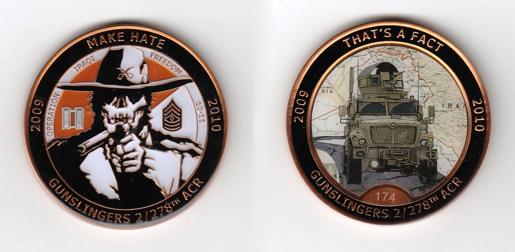 Round shaped, copper colored coin, 2 inches in diameter.