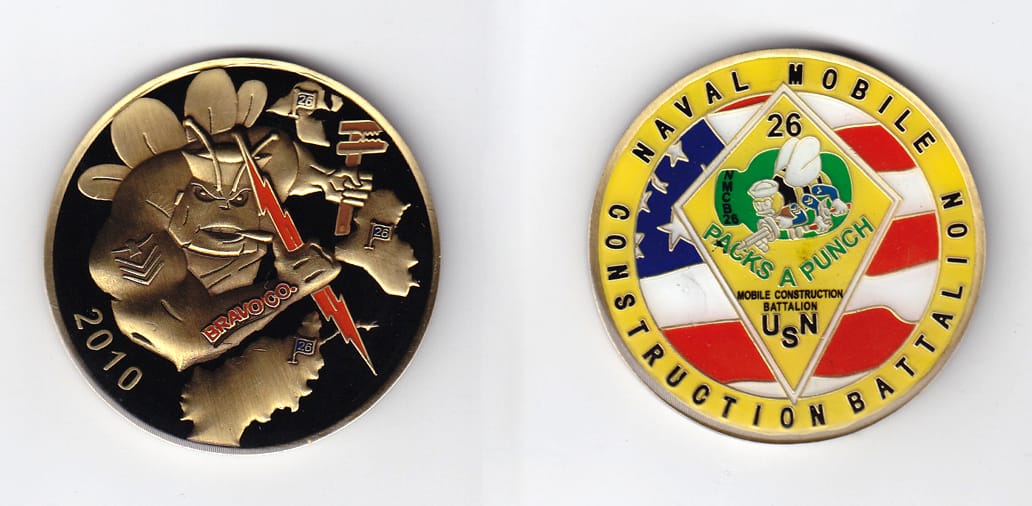 Round shaped, brass colored coin, 2 inches in diameter.