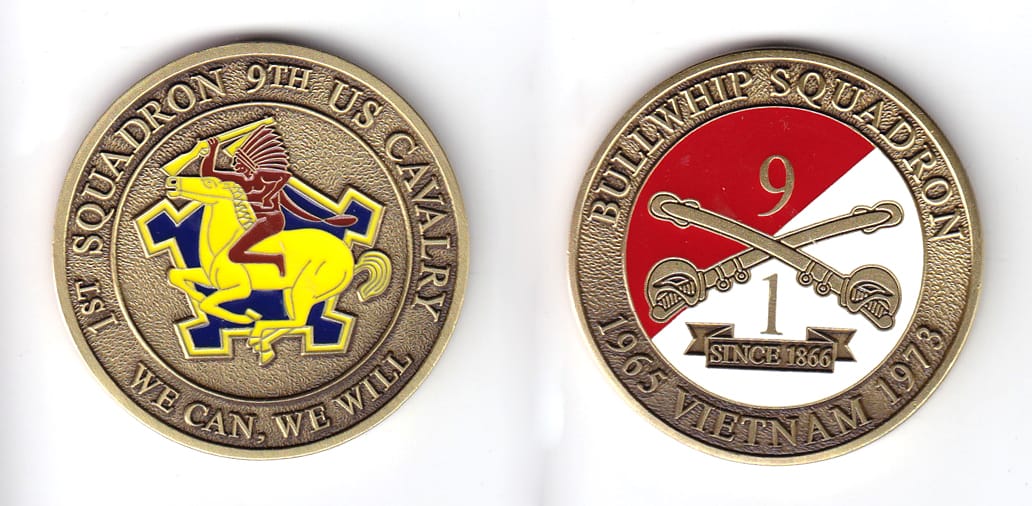 Round shaped, brass colored coin, 2 inches in diameter.