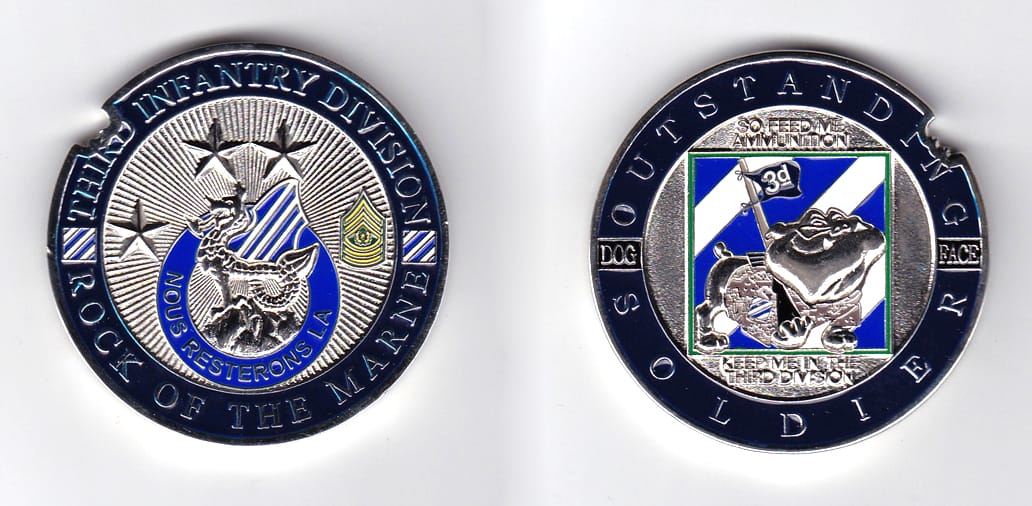 Round shaped, silver colored coin, 2 inches in diameter.