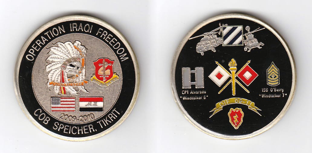 Round shaped, antique brass colored coin, 2 inches in diameter.