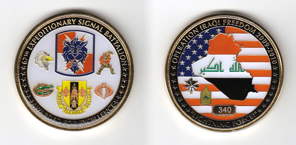 Round shaped, gold colored coin, 2 inches in diameter.