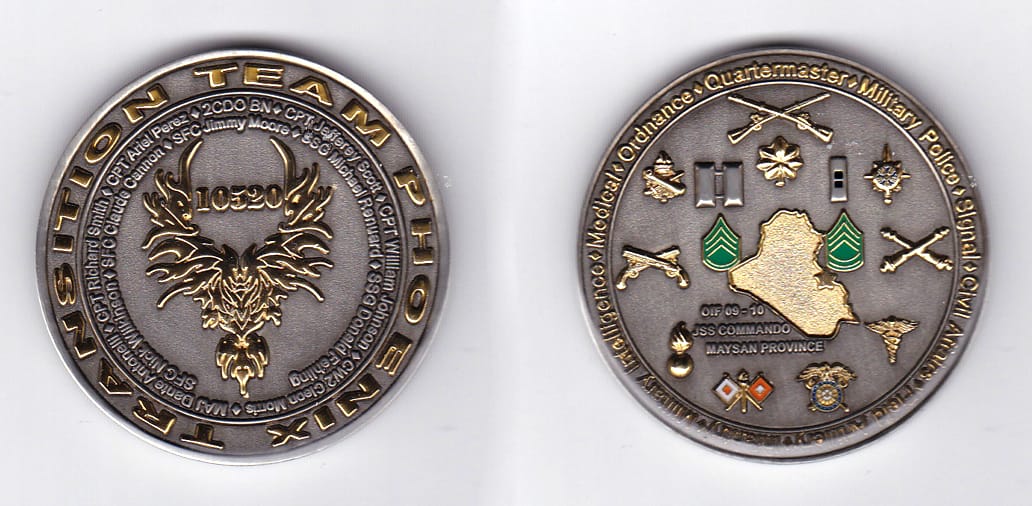 Round shaped, pewter colored coin, 2 inches in diameter.