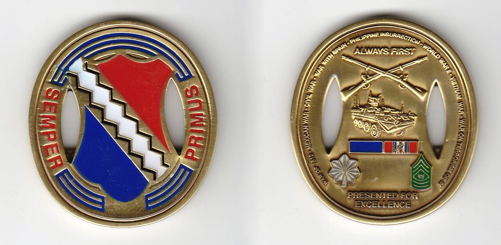 Oval shaped, brass colored coin 1-3/4 inches wide x 2 inches high.