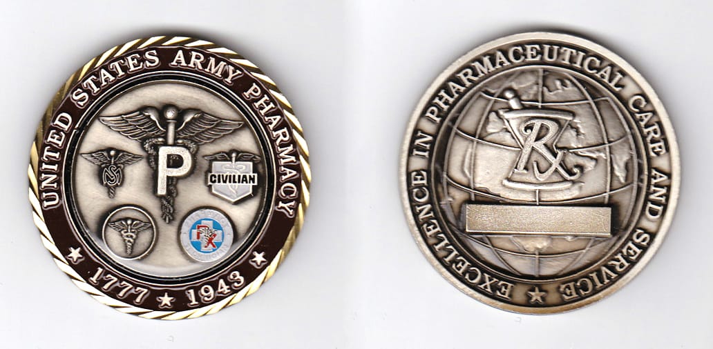 Round shaped, gold colored coin, 2 inches in diameter.