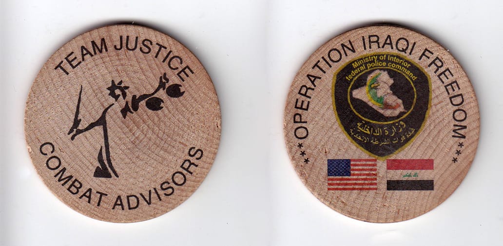 Round shaped, wooden poker chip, 2 inches in diameter.