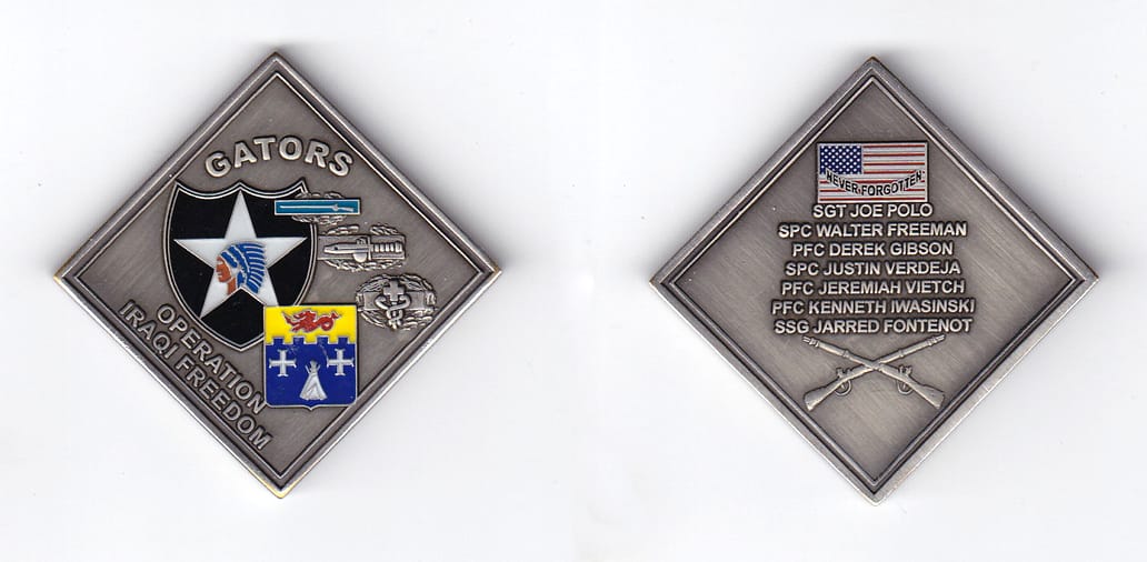 Diamond shaped, pewter colored coin 2 inches wide x 2 inches high.