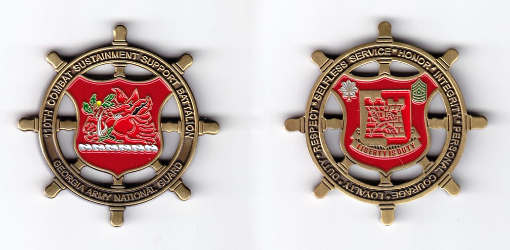 Ship's wheel shaped, brass colored coin, 2 inches in diameter.