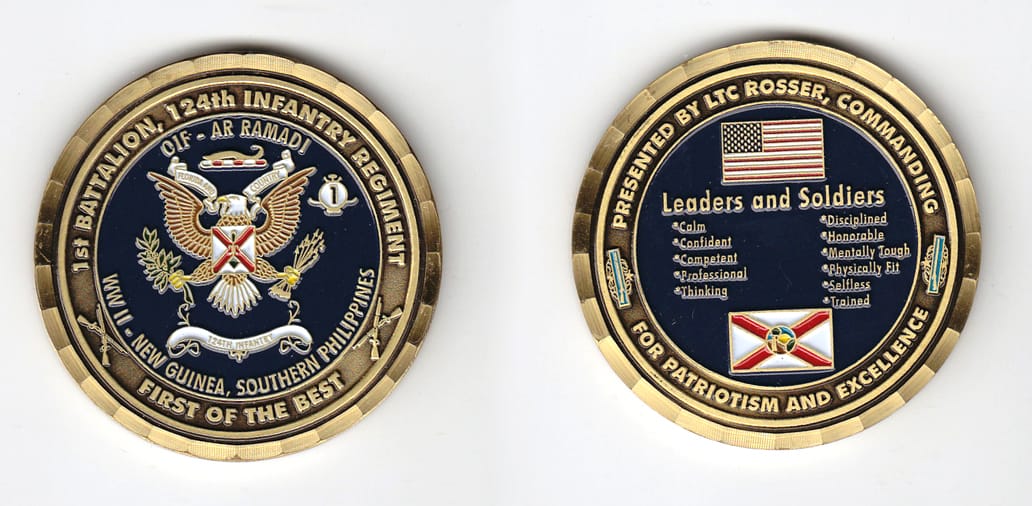 Round shaped, brass colored coin, 2 inches in diameter.