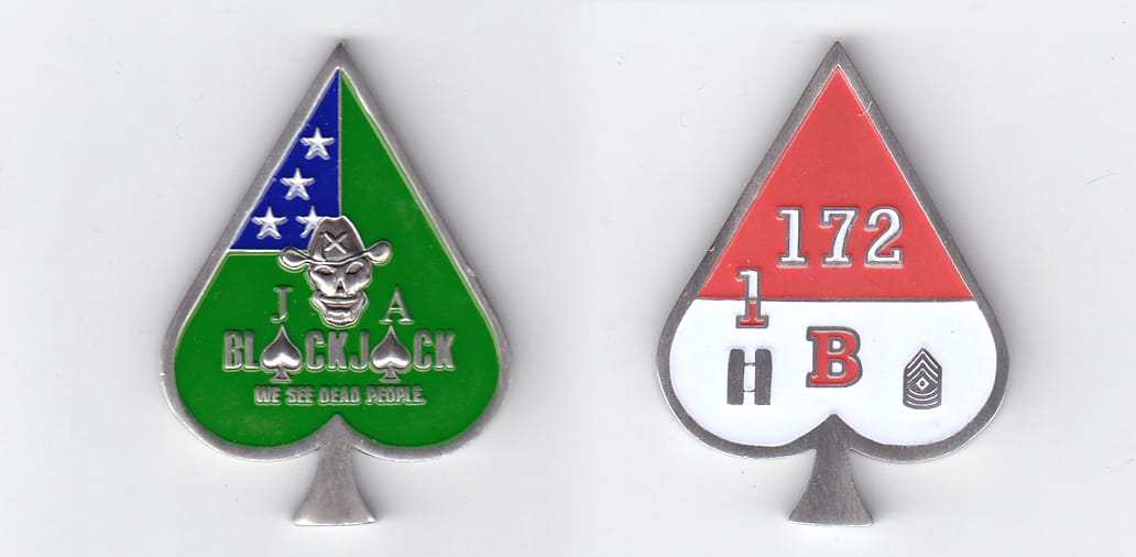 Ace of spades shaped, pewter colored coin 1-1/2 inches wide x 2 inches high.