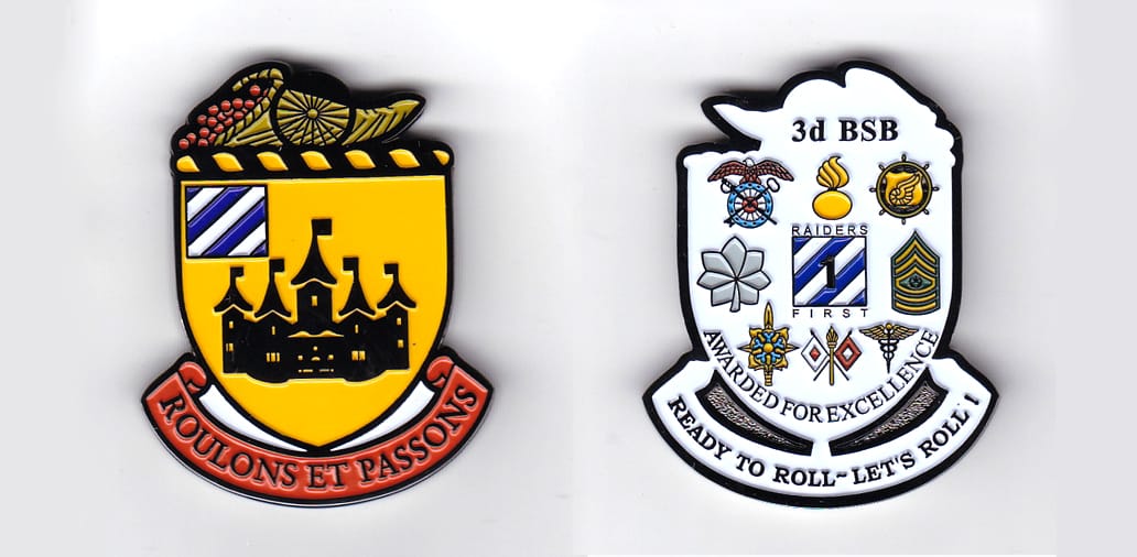 Shield shaped, with banner mounted below and cornucopia mounted above, black gunmetal colored coin 1-3/4 inches wide x 2...