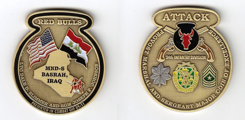 Round shaped, with oval shape mounted above, brass colored coin 1-3/4 inches wide x 2 inches high.