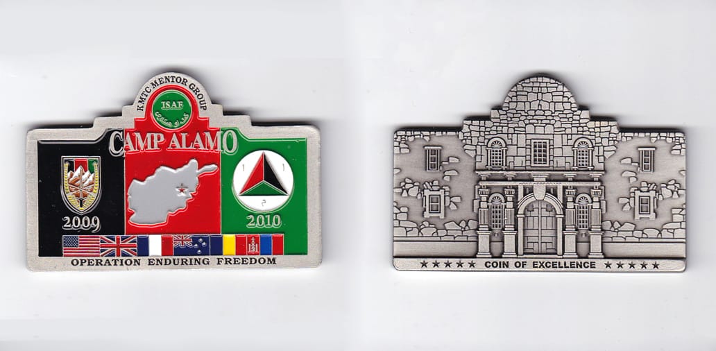 Retangular shaped representation of the Alamo, pewter colored coin 3 inches wide x 2 inches high.