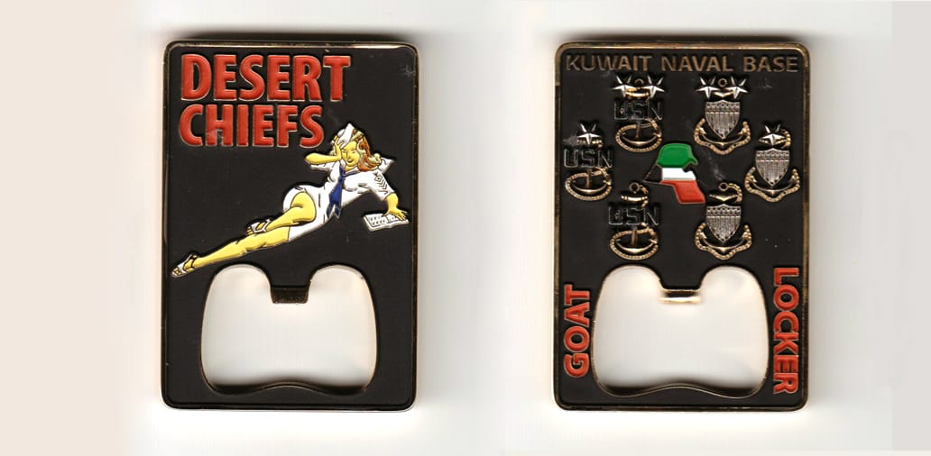 Retangular shaped, with bottle opener, gold colored coin 1-1/2 inches wide x 2-1/4 inches high.