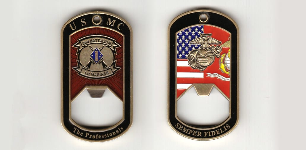 Dog tag shaped with bottle opener, brass colored coin 1-3/8 inches wide x 2-1/2 inches high.