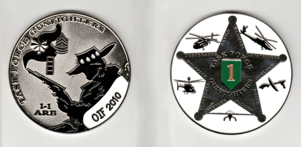 Round shaped, gold colored coin 3 inches in diameter.