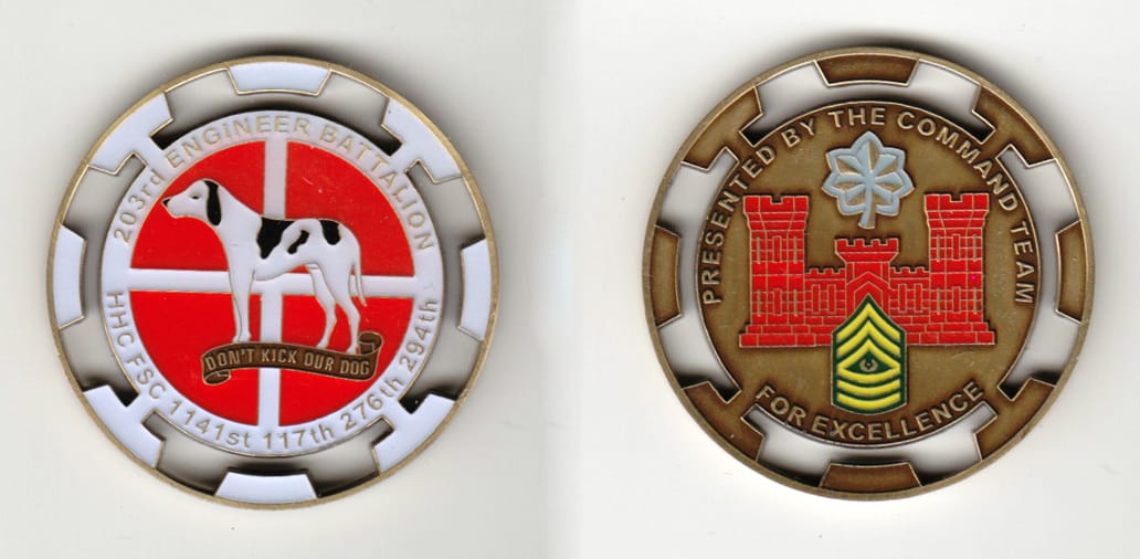 Round shaped, gold colored coin 1-3/4 inches in diameter.