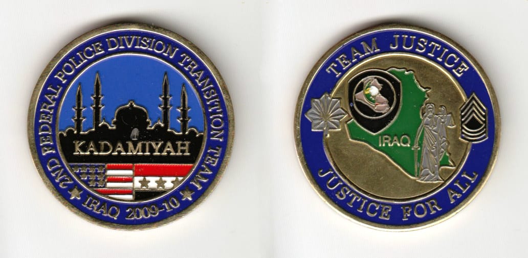 Round shaped, brass colored coin 1-3/4 inches in diameter.