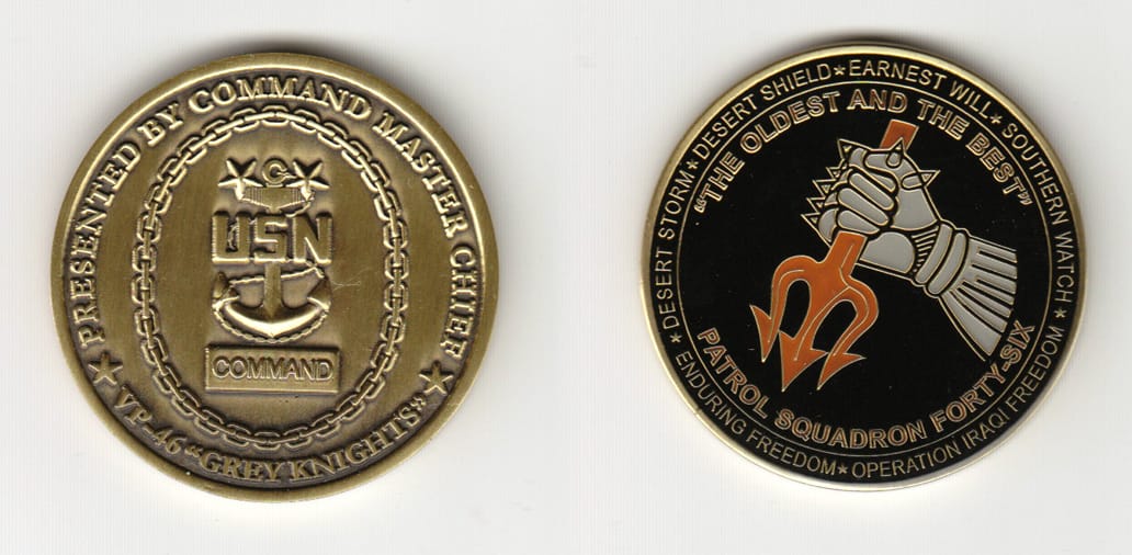 Round shaped, brass colored coin 1-3/4 inches in diameter.