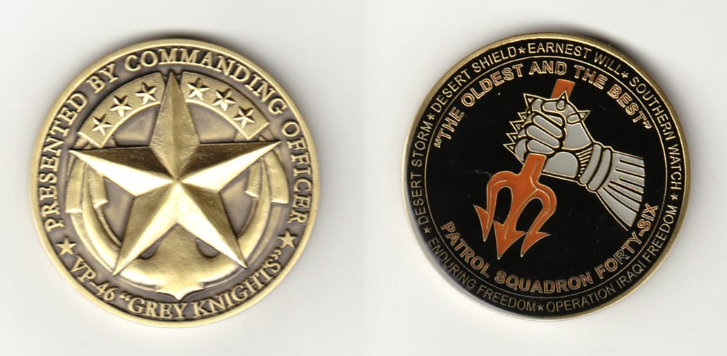 Round shaped, brass colored coin 1-3/4 inches in diameter.