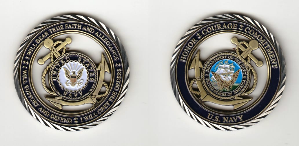 Round shaped, silver colored coin 1-3/4 inches in diameter.