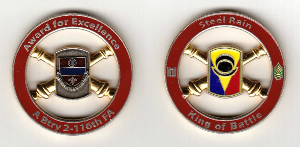 Round shaped, brass colored coin 1-3/4 inches in diameter.