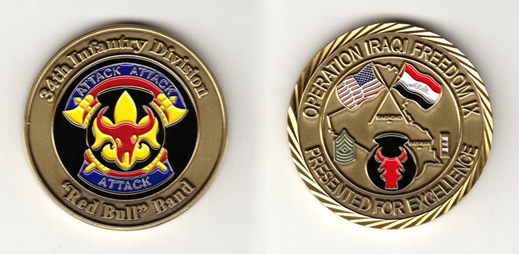 Round shaped, brass colored coin 1-3/4 inches in diameter.