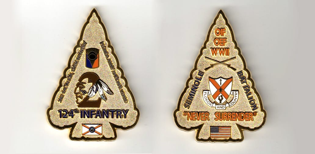 Arrowhead shaped, gold colored coin 1-3/4 inches wide x 2-1/2 inches high.