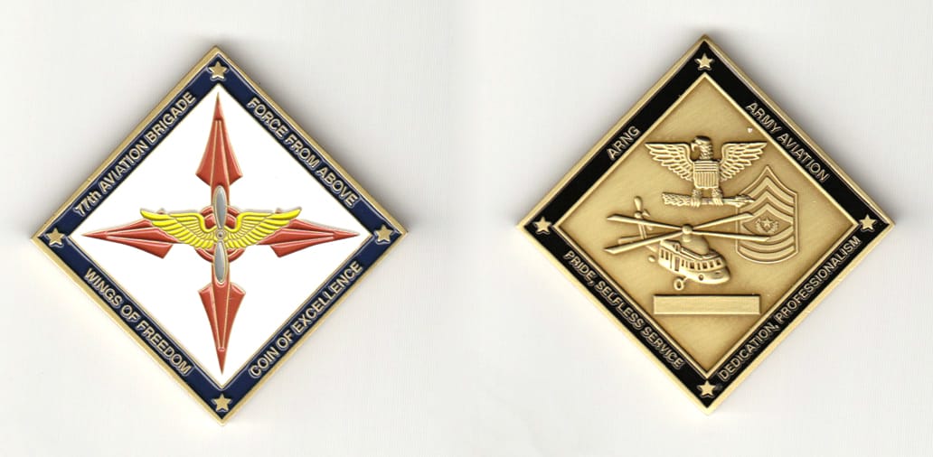 Diamond shaped, antique brass colored coin 2-1/8 inches wide x 2-1/8 inches high.