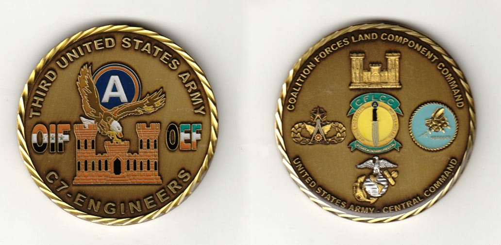 Round shaped, antique brass colored coin 2 inches in diameter.