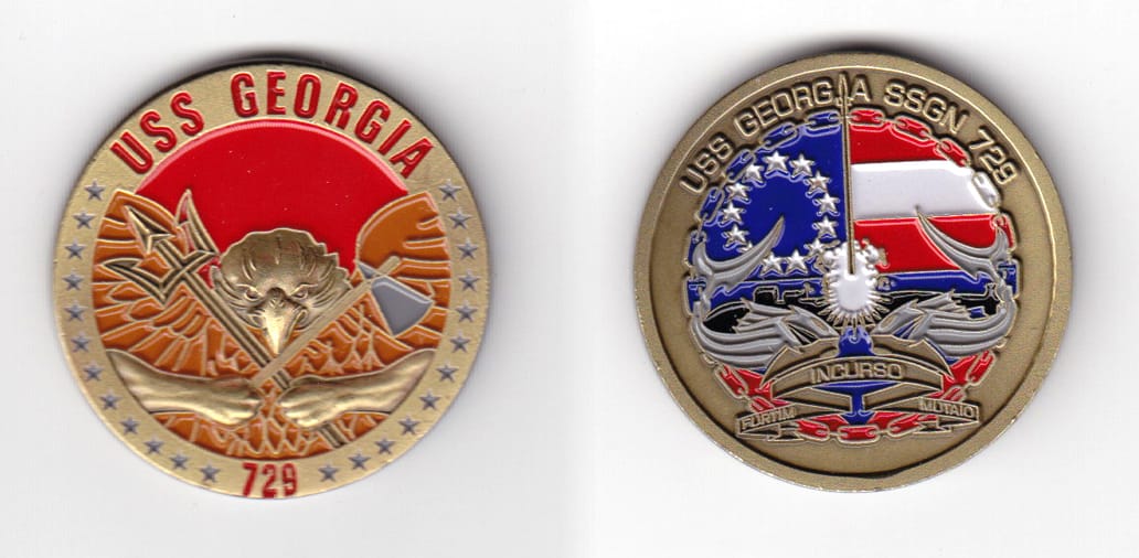 Round shaped, brass colored coin 1-5/8 inches in diameter.