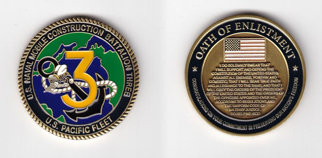 Round shaped, brass colored coin 1-5/8 inches in diameter.