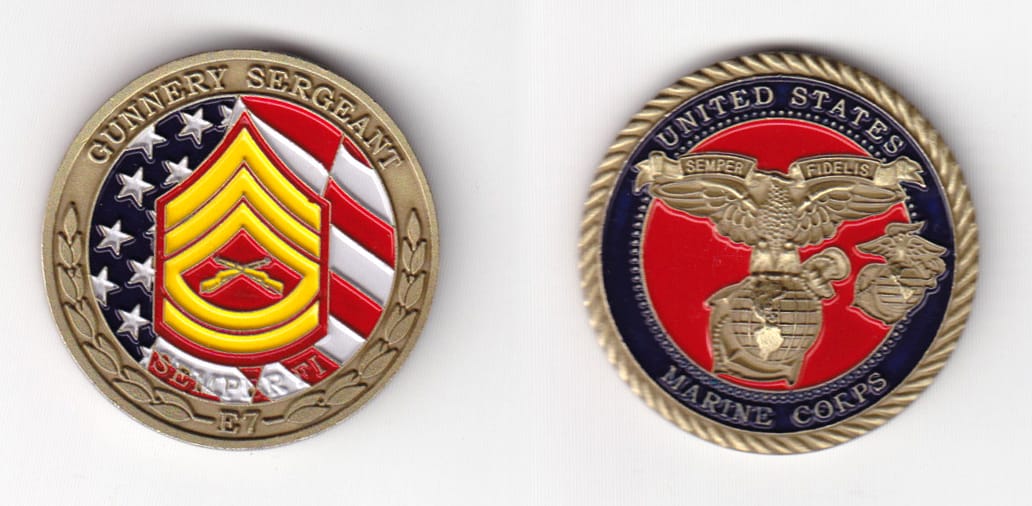 Round shaped, brass colored coin 1-1/2 inches in diameter.