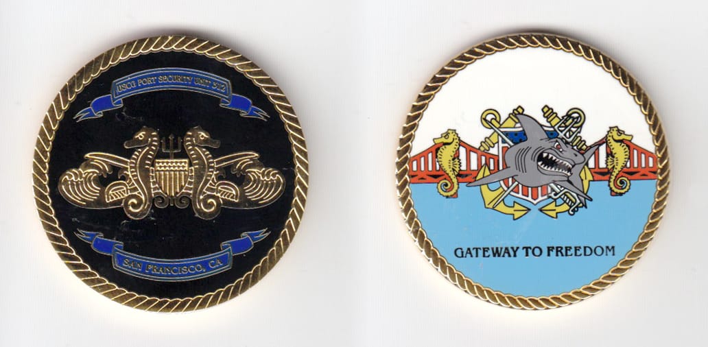 Round shaped, gold colored coin 1-5/8 inches in diameter.