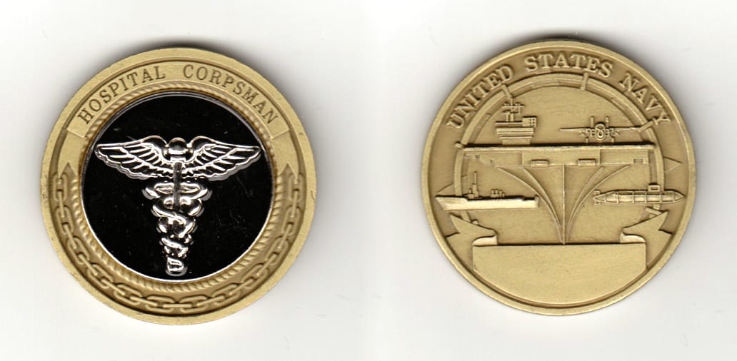 Round shaped, brass colored coin 1-3/4 inches in diameter.