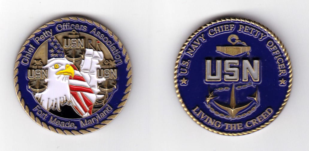 Round shaped, antique brass colored coin 1-5/8 inches in diameter.