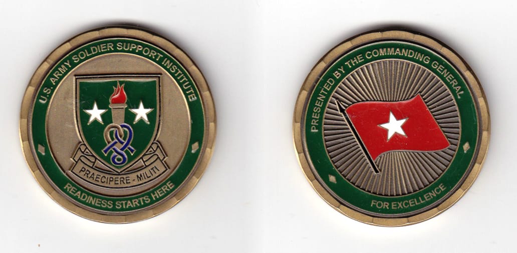 Round shaped, antique brass colored coin 1-3/4 inches in diameter.