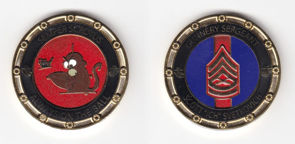 Round shaped, gold colored coin 1-3/4 inches in diameter.