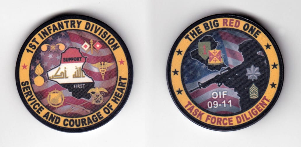 Round shaped, black colored poker chip 1-5/8 inches in diameter.