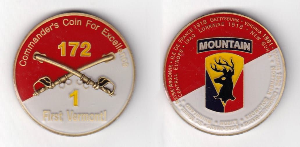 Round shaped, brass colored coin 2 inches in diameter.