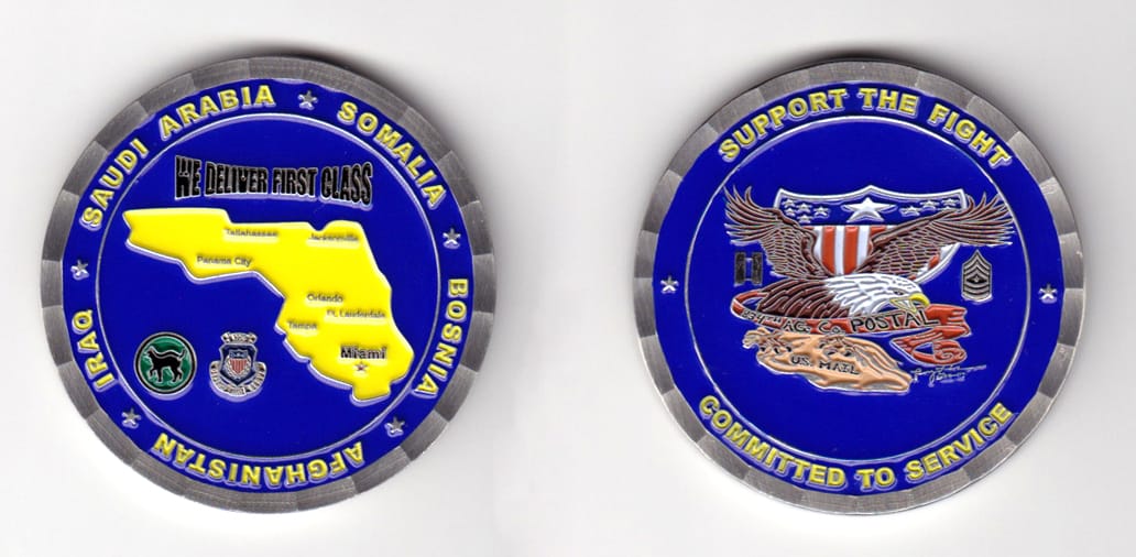 Round shaped,  pewter colored coin 2 inches in diameter.